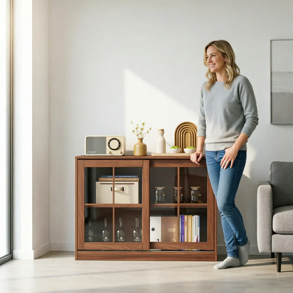LIVARA Solid Wood Glass Door Storage Cabinet Adjustable Shelves Anti-Tip Reinforced Structure Single Tier for Living Room Dining Room Study - Walnut - Image 6