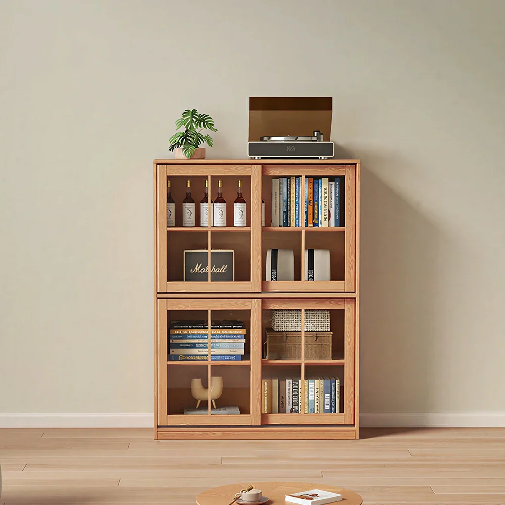 LIVARA Solid Wood Glass Door Storage Cabinet Adjustable Shelves Anti-Tip Reinforced Structure Double Tier for Living Room Dining Room Study - Wood - Image 2