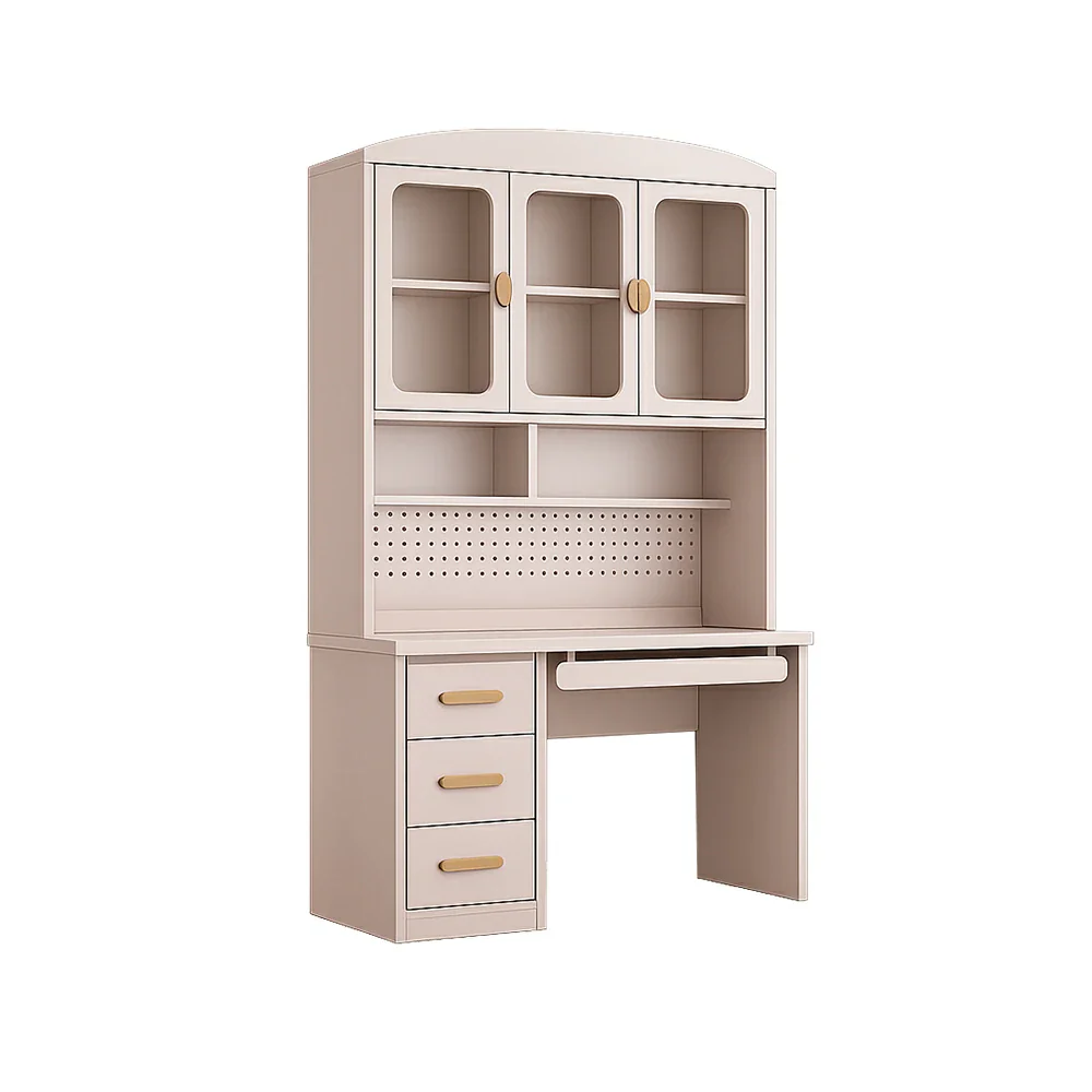 LIVARA Integrated Study Desk Bookcase - Glass Door Storage Cabinet - Kids Bedroom Learning Station - Blush Pink