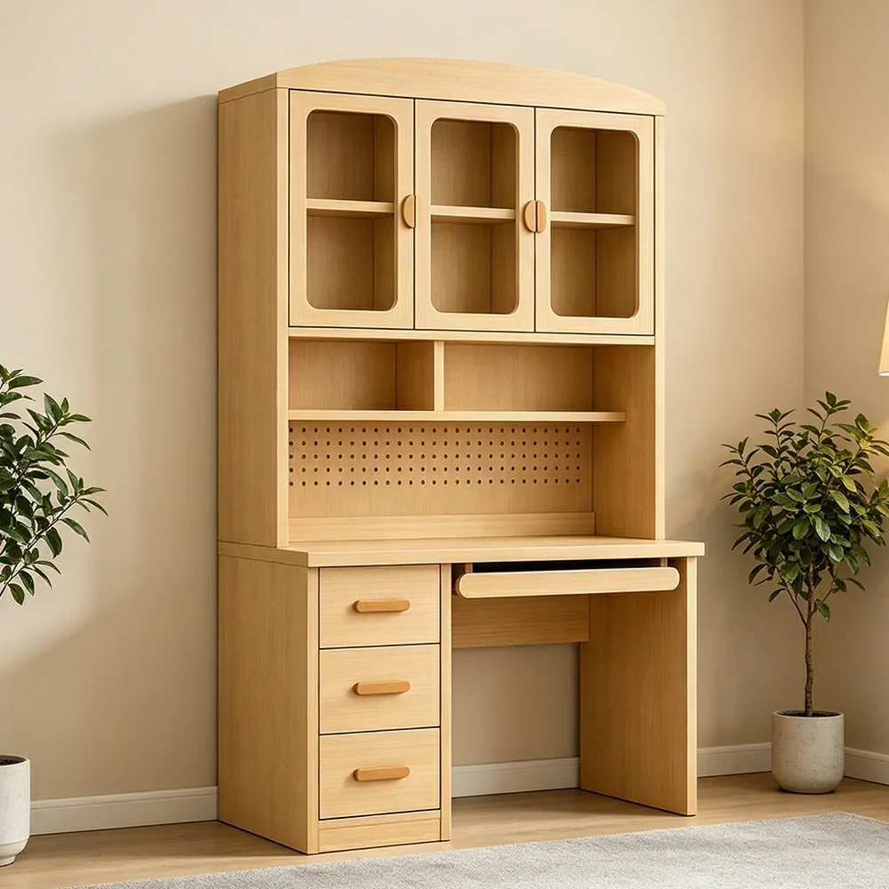 LIVARA Oak Look Study Desk with Hutch - 3 Door Storage Cabinet - Left Drawers for Home Office - Natural Oak - Image 5