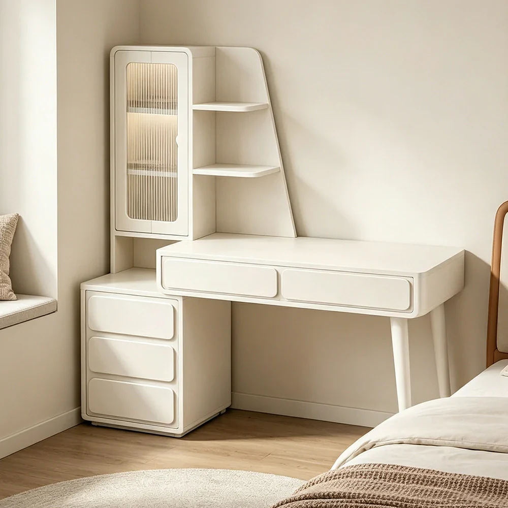 LIVARA Cream White Study Desk with Hutch - 3 Door Storage Cabinet - Left Drawers for Home Office - Cheese White - Image 5