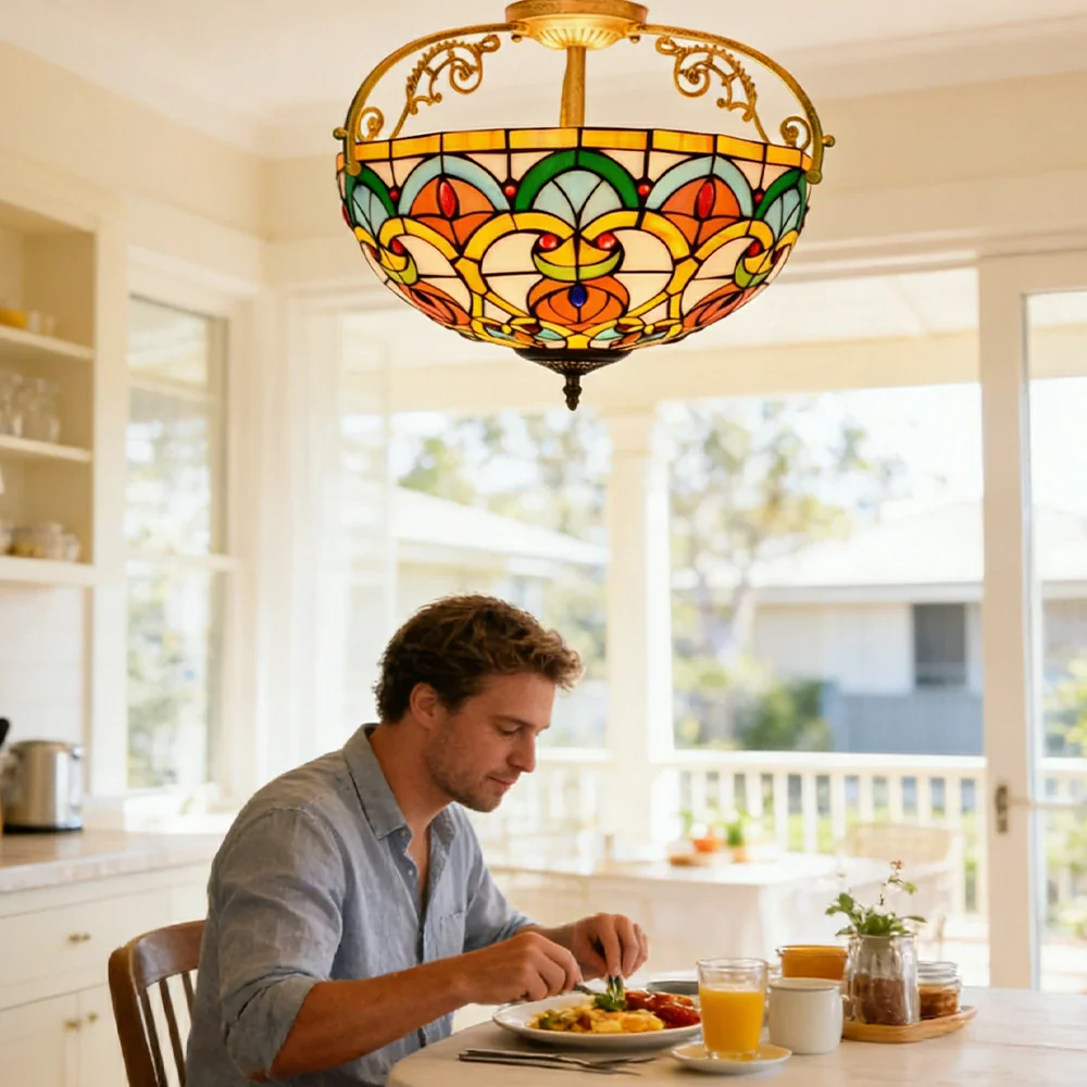 LIVARA European Vintage Stained Glass Ceiling Light 3-Light Design Even Lighting 42x38cm Suitable for Living Room Bedroom Dining Hallway - Yellow - Image 5