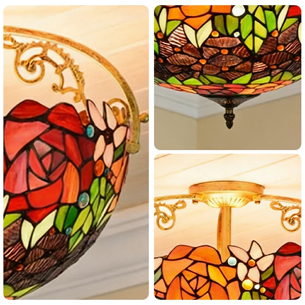LIVARA European Vintage Black Rose Pattern Stained Glass Ceiling Light 3-Light Design Even Lighting 42x38cm Suitable for Living Room Bedroom Dining Hallway - Image 3