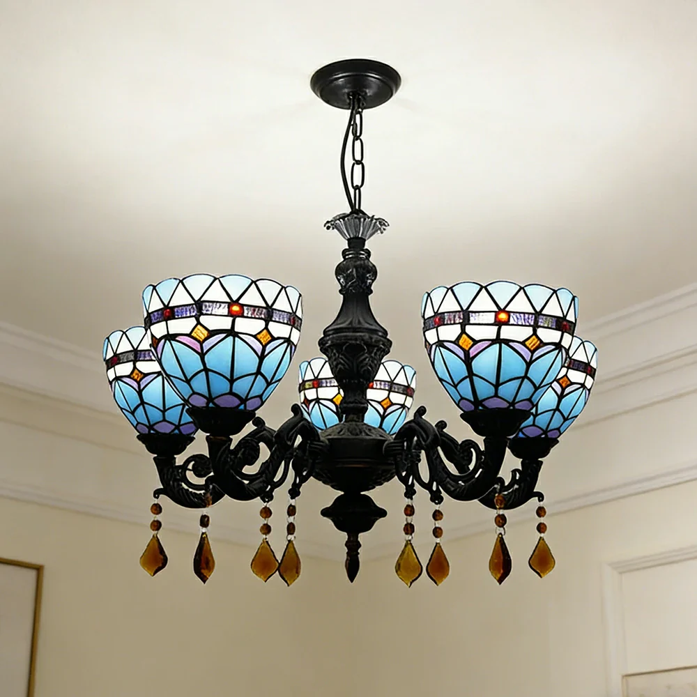 LIVARA 5-Light Stained Glass Chandelier Vintage Pendant Light Adjustable Chain 60x80cm for Dining Living Room - Sky Blue - Image 4