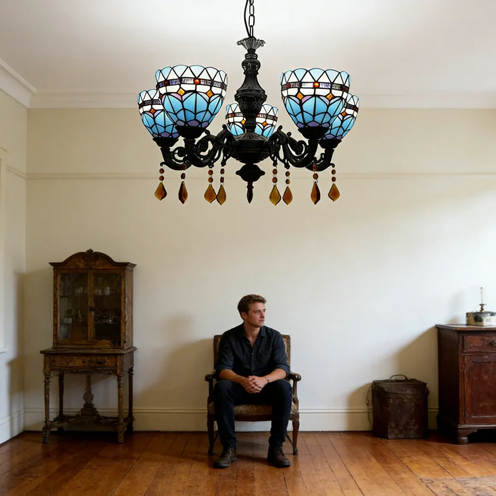 LIVARA 5-Light Stained Glass Chandelier Vintage Pendant Light Adjustable Chain 60x80cm for Dining Living Room - Sky Blue - Image 5