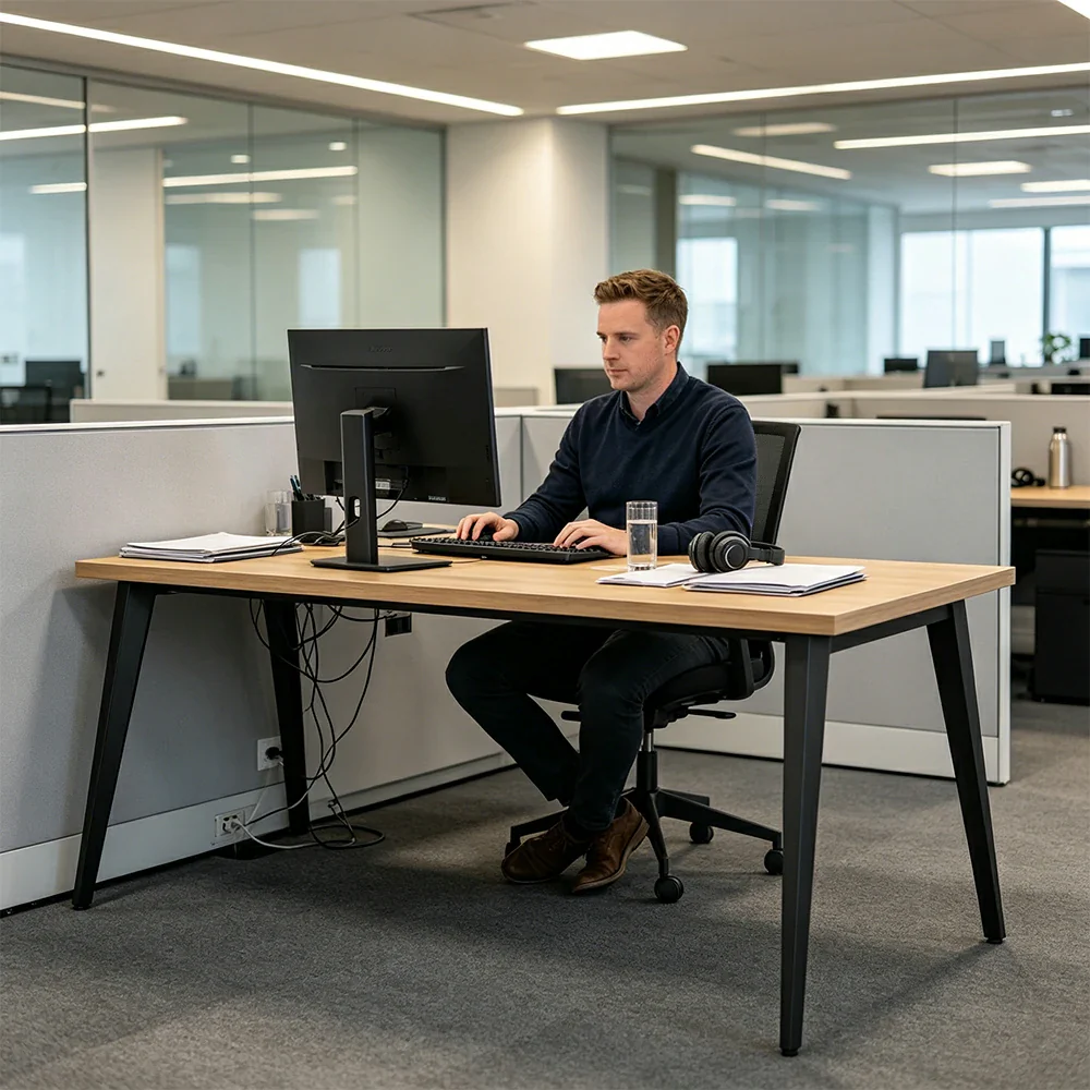 LIVARA Office Desk Set 120cm Single Workstation with Chair, Cable Management, E1 Board & Steel Frame - Wood Grain & Black - Image 6