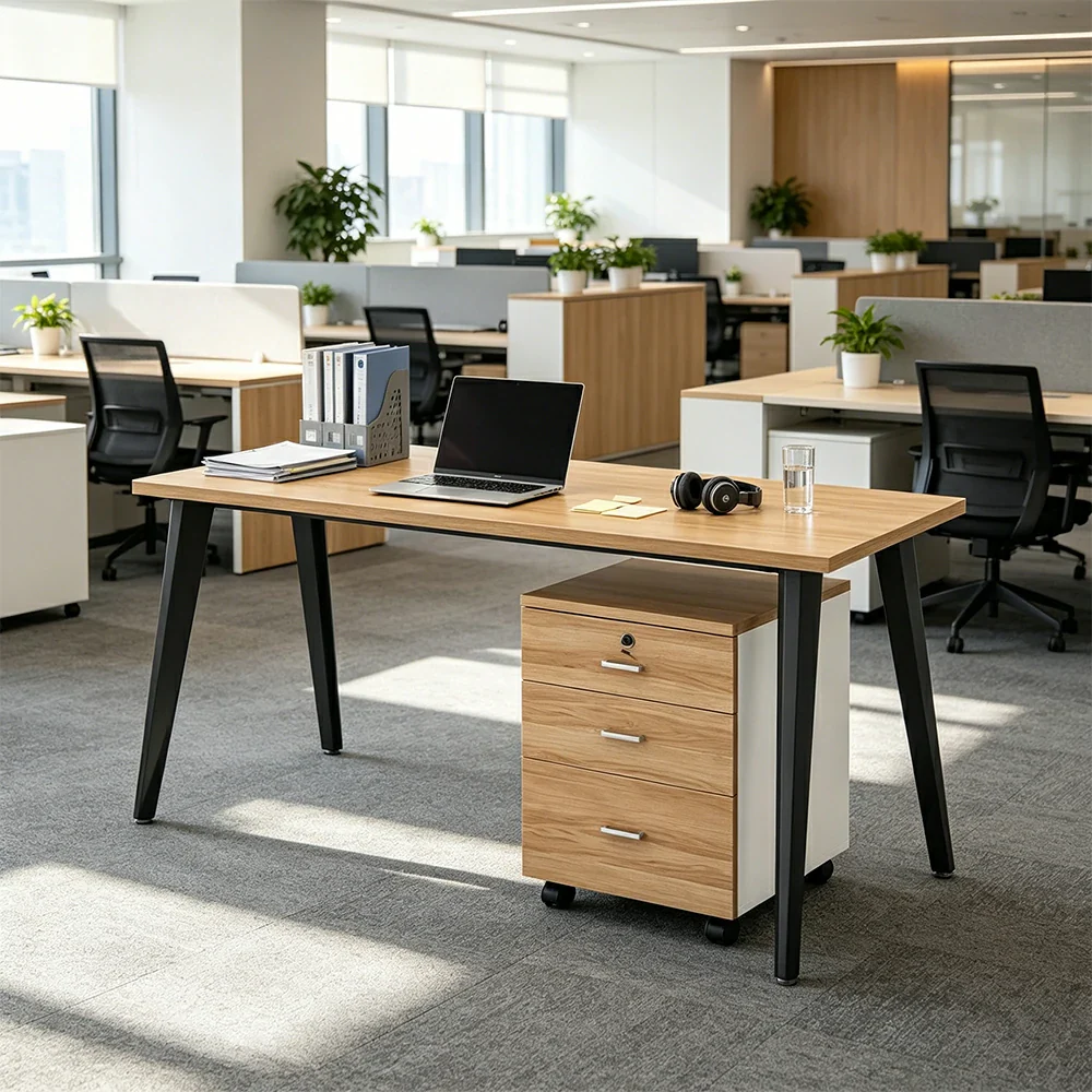 LIVARA Office Desk Set 120cm Single Workstation with Mobile Cabinet, Cable Management, E1 Board & Steel Frame - Wood Grain & Black - Image 2