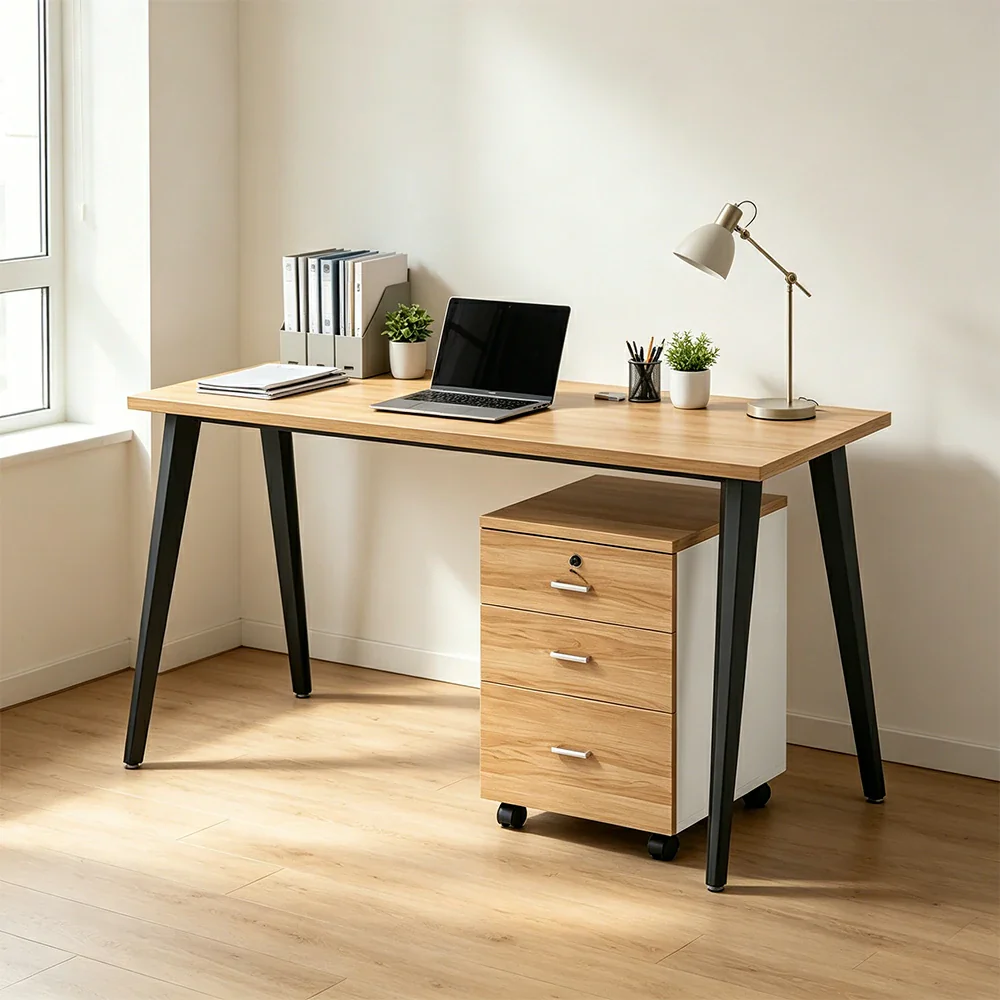 LIVARA Office Desk Set 120cm Single Workstation with Mobile Cabinet, Cable Management, E1 Board & Steel Frame - Wood Grain & Black - Image 5