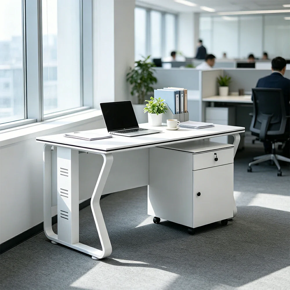LIVARA Office Desk Set 120cm Single Workstation with Mobile Cabinet, Hidden Cable Management & Steel Frame - White - Image 4