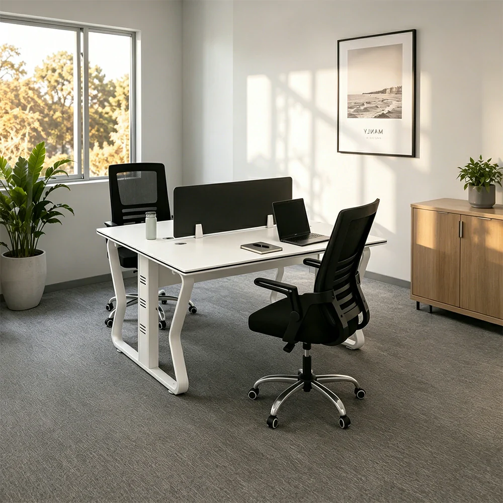 LIVARA Office Desk Set 120cm 2-Person Workstation with 2 Swivel Chairs & Hidden Cable Management - White - Image 4