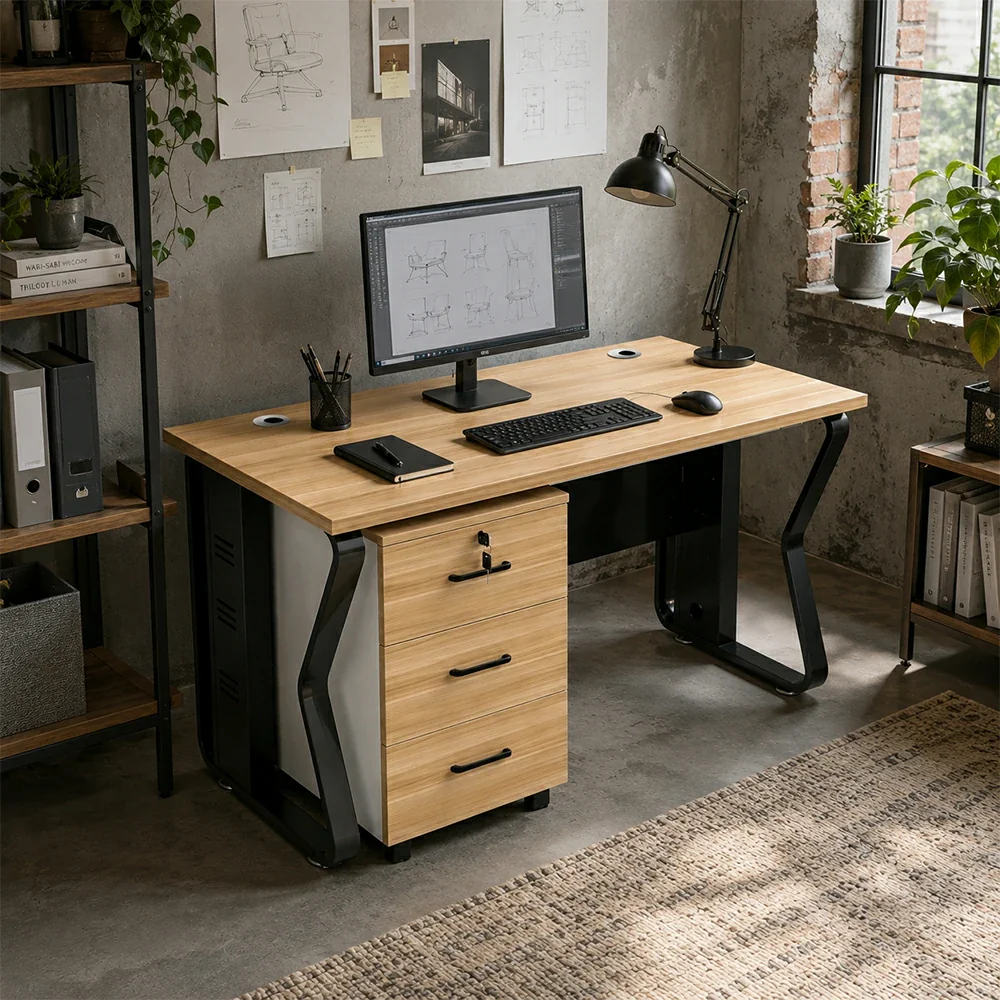LIVARA Single Office Desk with Mobile Cabinet 120cm Workstation with Cable Management, E1 Board & Steel Frame - Light Walnut & Black - Image 2