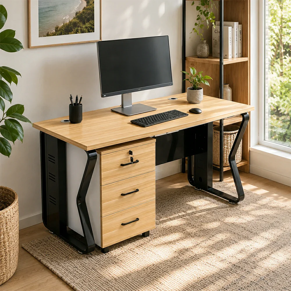 LIVARA Single Office Desk with Mobile Cabinet 120cm Workstation with Cable Management, E1 Board & Steel Frame - Light Walnut & Black - Image 5
