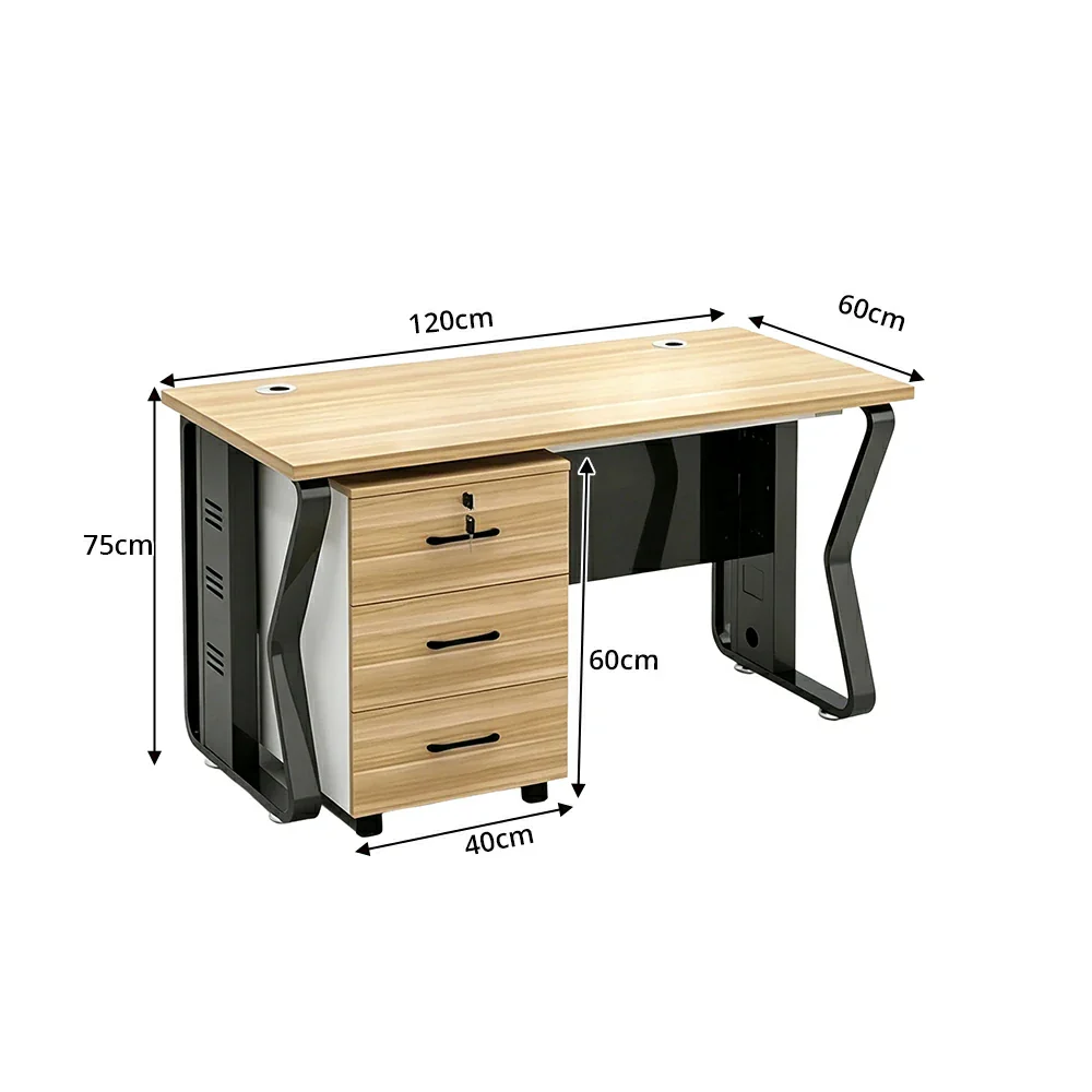 LIVARA Single Office Desk with Mobile Cabinet 120cm Workstation with Cable Management, E1 Board & Steel Frame - Light Walnut & Black - Image 7
