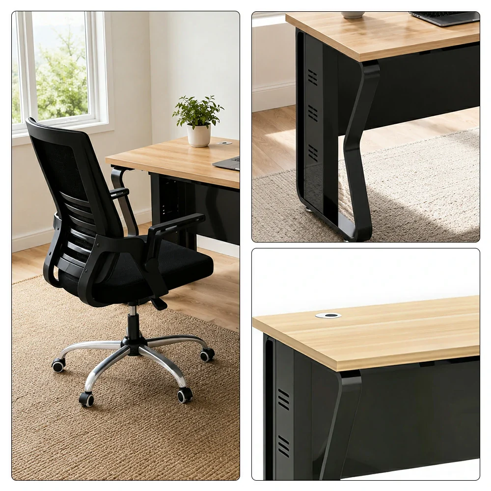 LIVARA Single Office Desk with Chair 120cm Workstation with Cable Management, E1 Board & Steel Frame - Light Walnut & Black - Image 3