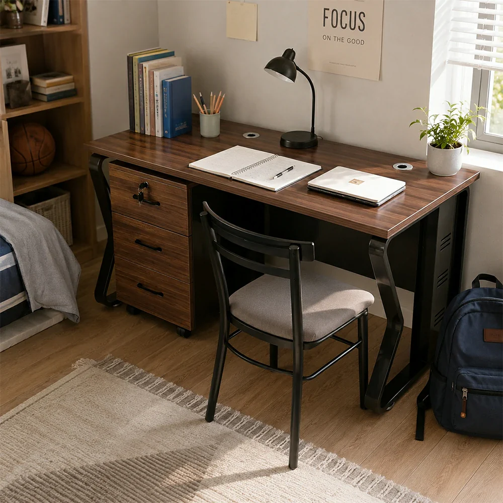 LIVARA Single Office Desk with Mobile Cabinet 120cm Workstation with Cable Management, E1 Board & Steel Frame - Dark Walnut & Black - Image 2