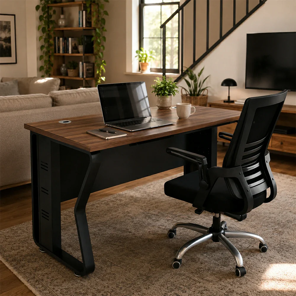 LIVARA Single Office Desk with Chair 120cm Workstation with Cable Management, E1 Board & Steel Frame - Dark Walnut & Black - Image 2
