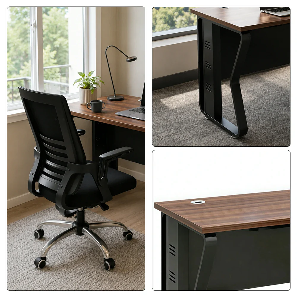 LIVARA Single Office Desk with Chair 120cm Workstation with Cable Management, E1 Board & Steel Frame - Dark Walnut & Black - Image 3