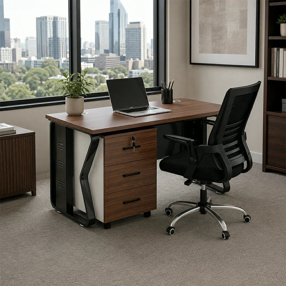 LIVARA Single Office Desk Set 120cm Workstation with Mobile Cabinet, Chair, Cable Management & Steel Frame - Dark Walnut & Black - Image 4
