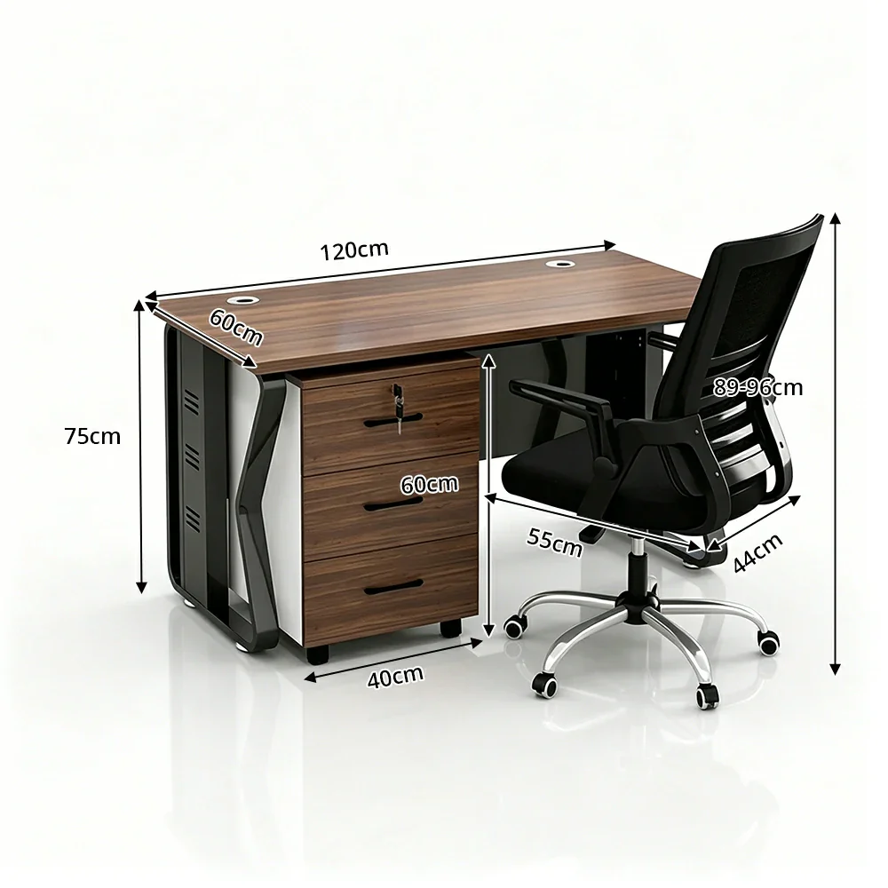 LIVARA Single Office Desk Set 120cm Workstation with Mobile Cabinet, Chair, Cable Management & Steel Frame - Dark Walnut & Black - Image 7