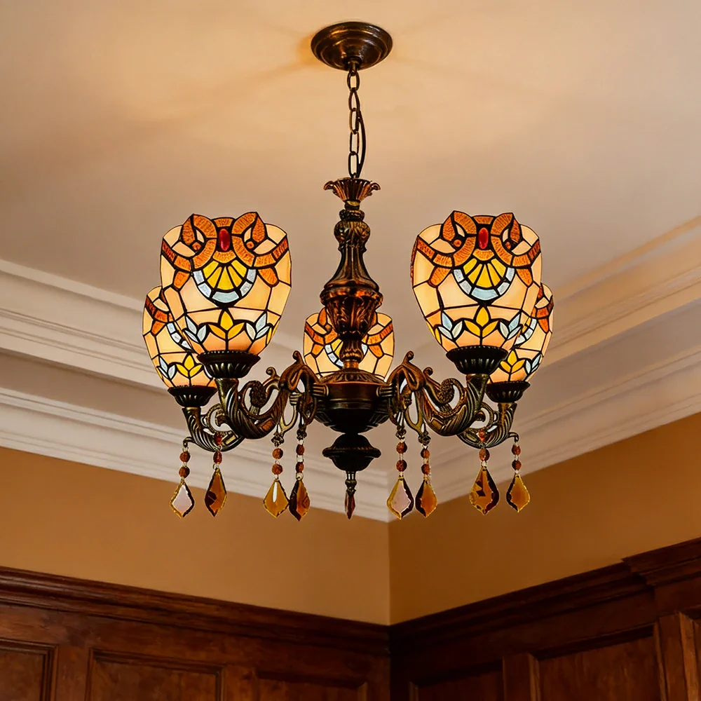 LIVARA 5-Light Stained Glass Chandelier Vintage Pendant Light Adjustable Chain 60x80cm Baroque Style Design for Dining Living Room - Image 2