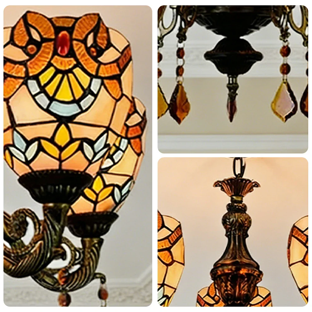 LIVARA 5-Light Stained Glass Chandelier Vintage Pendant Light Adjustable Chain 60x80cm Baroque Style Design for Dining Living Room - Image 3