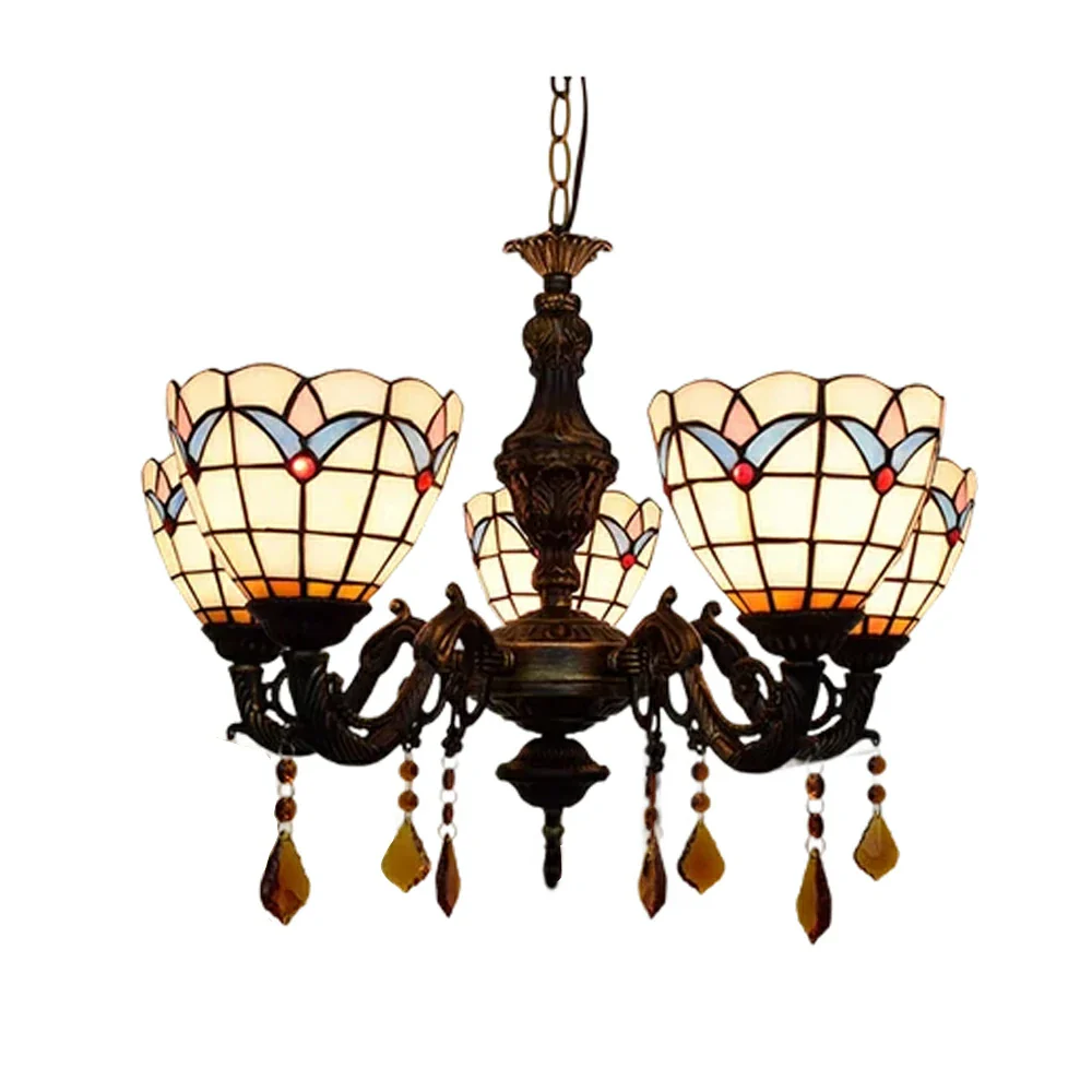LIVARA 5-Light Stained Glass Chandelier Vintage Pendant Light Adjustable Chain 60x80cm Magnolia Flower Pattern Design for Dining Living Room
