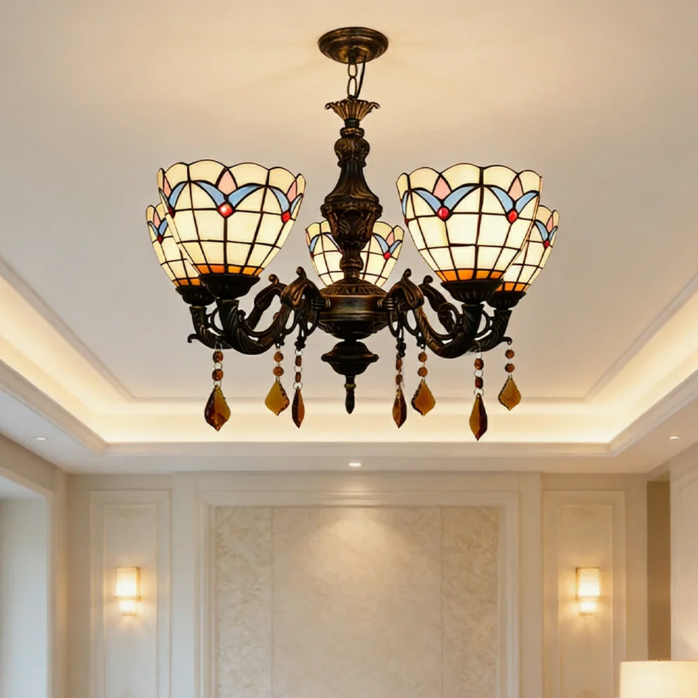 LIVARA 5-Light Stained Glass Chandelier Vintage Pendant Light Adjustable Chain 60x80cm Magnolia Flower Pattern Design for Dining Living Room - Image 2