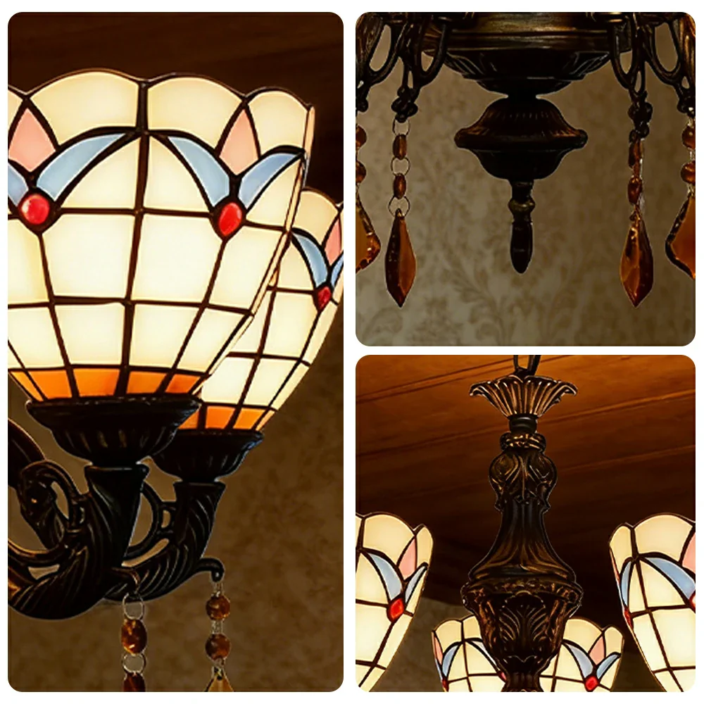 LIVARA 5-Light Stained Glass Chandelier Vintage Pendant Light Adjustable Chain 60x80cm Magnolia Flower Pattern Design for Dining Living Room - Image 3