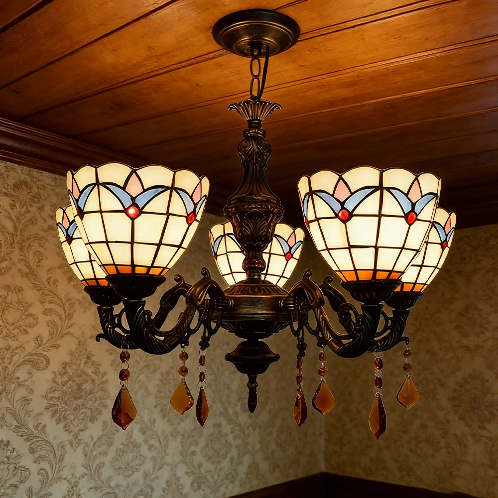 LIVARA 5-Light Stained Glass Chandelier Vintage Pendant Light Adjustable Chain 60x80cm Magnolia Flower Pattern Design for Dining Living Room - Image 4