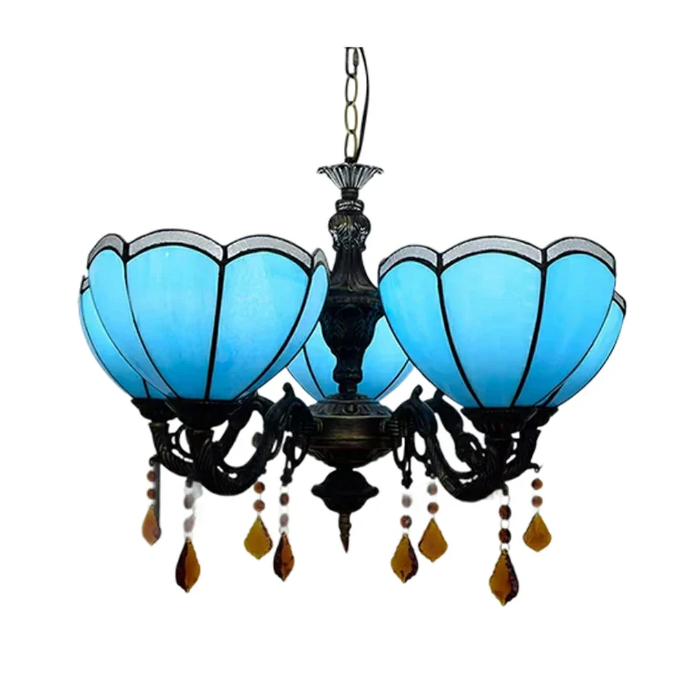 LIVARA Vintage European Stained Glass Chandelier Artistic Pendant Light 63x80cm Pattern Design for Dining Room Living Space - Blue