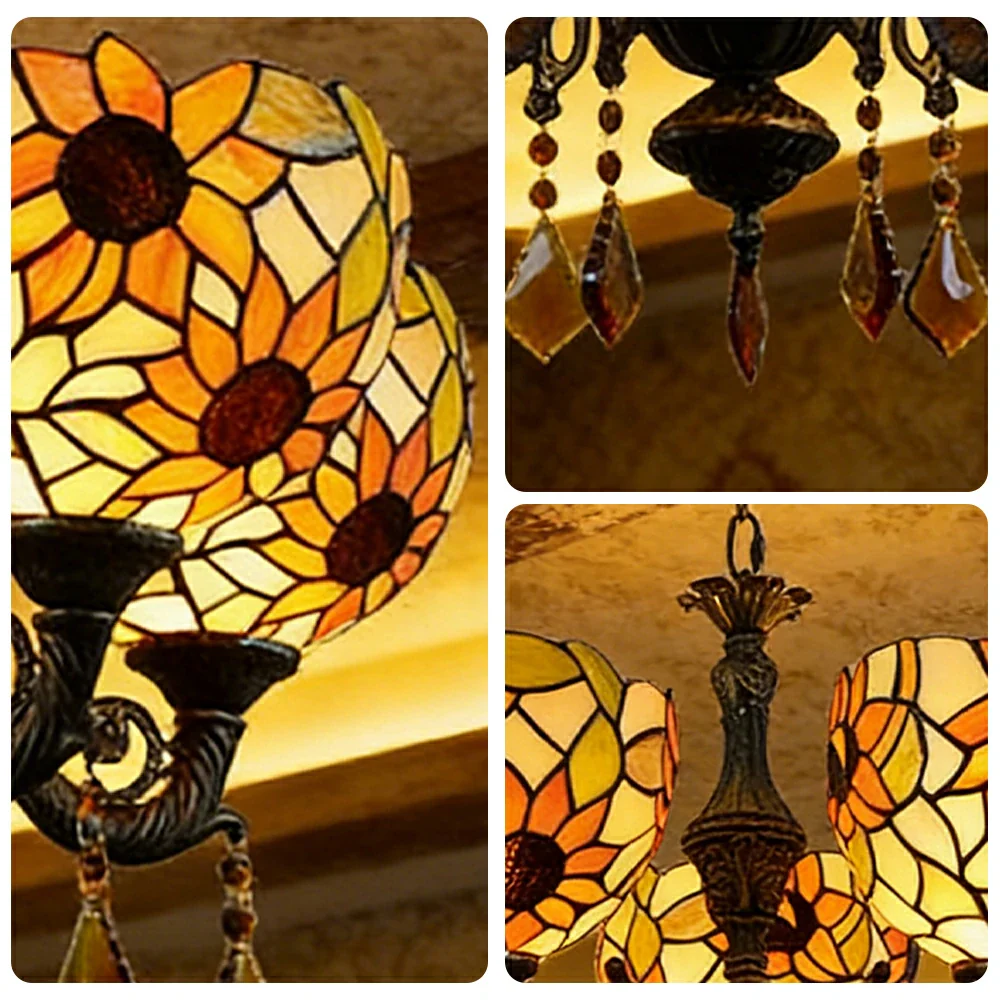 LIVARA 5-Light Stained Glass Chandelier Vintage Pendant Light Adjustable Chain 63x80cm Sunflower Pattern Design for Dining Living Room - Image 3