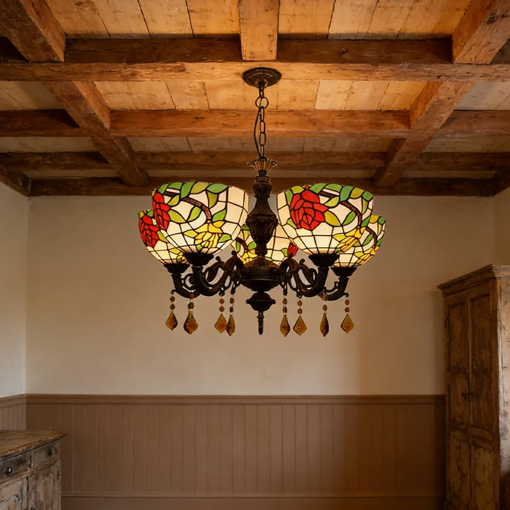 LIVARA 5-Light Stained Glass Chandelier Vintage Pendant Light Adjustable Chain 63x80cm Rose Flower Pattern Design for Dining Living Room - Image 2