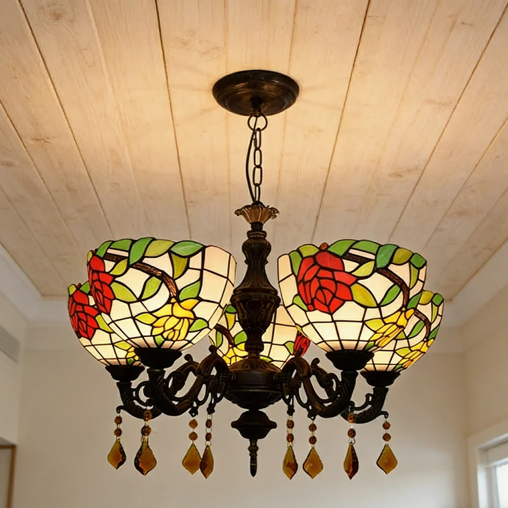 LIVARA 5-Light Stained Glass Chandelier Vintage Pendant Light Adjustable Chain 63x80cm Rose Flower Pattern Design for Dining Living Room - Image 4
