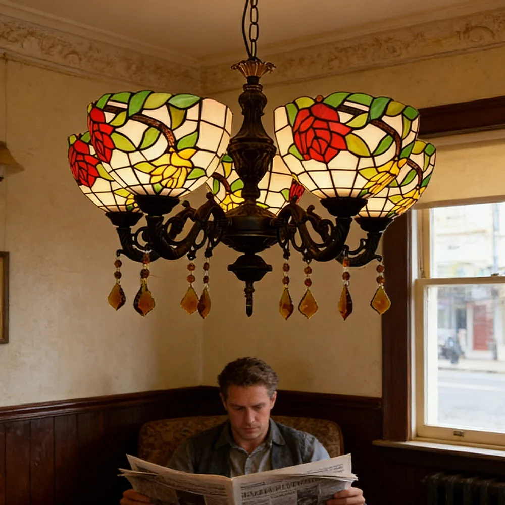 LIVARA 5-Light Stained Glass Chandelier Vintage Pendant Light Adjustable Chain 63x80cm Rose Flower Pattern Design for Dining Living Room - Image 5