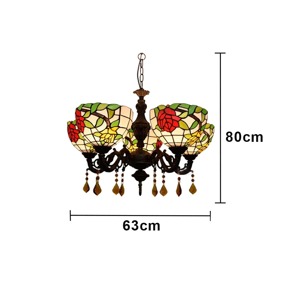LIVARA 5-Light Stained Glass Chandelier Vintage Pendant Light Adjustable Chain 63x80cm Rose Flower Pattern Design for Dining Living Room - Image 6