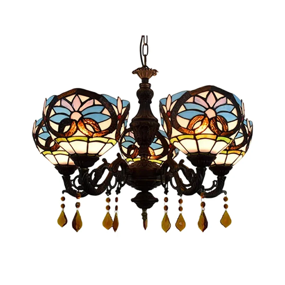 LIVARA 5-Light Stained Glass Chandelier Vintage Pendant Light Adjustable Chain 63x80cm Heart Pattern Design for Dining Living Room