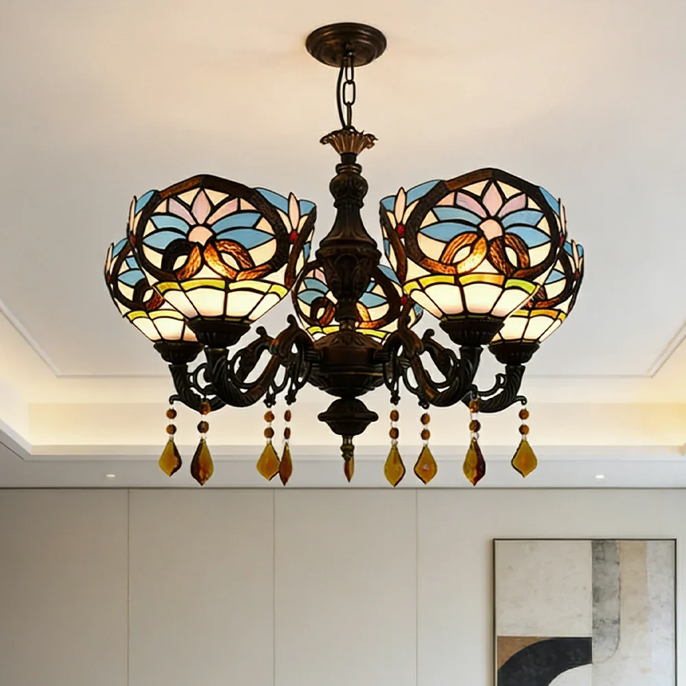 LIVARA 5-Light Stained Glass Chandelier Vintage Pendant Light Adjustable Chain 63x80cm Heart Pattern Design for Dining Living Room - Image 2