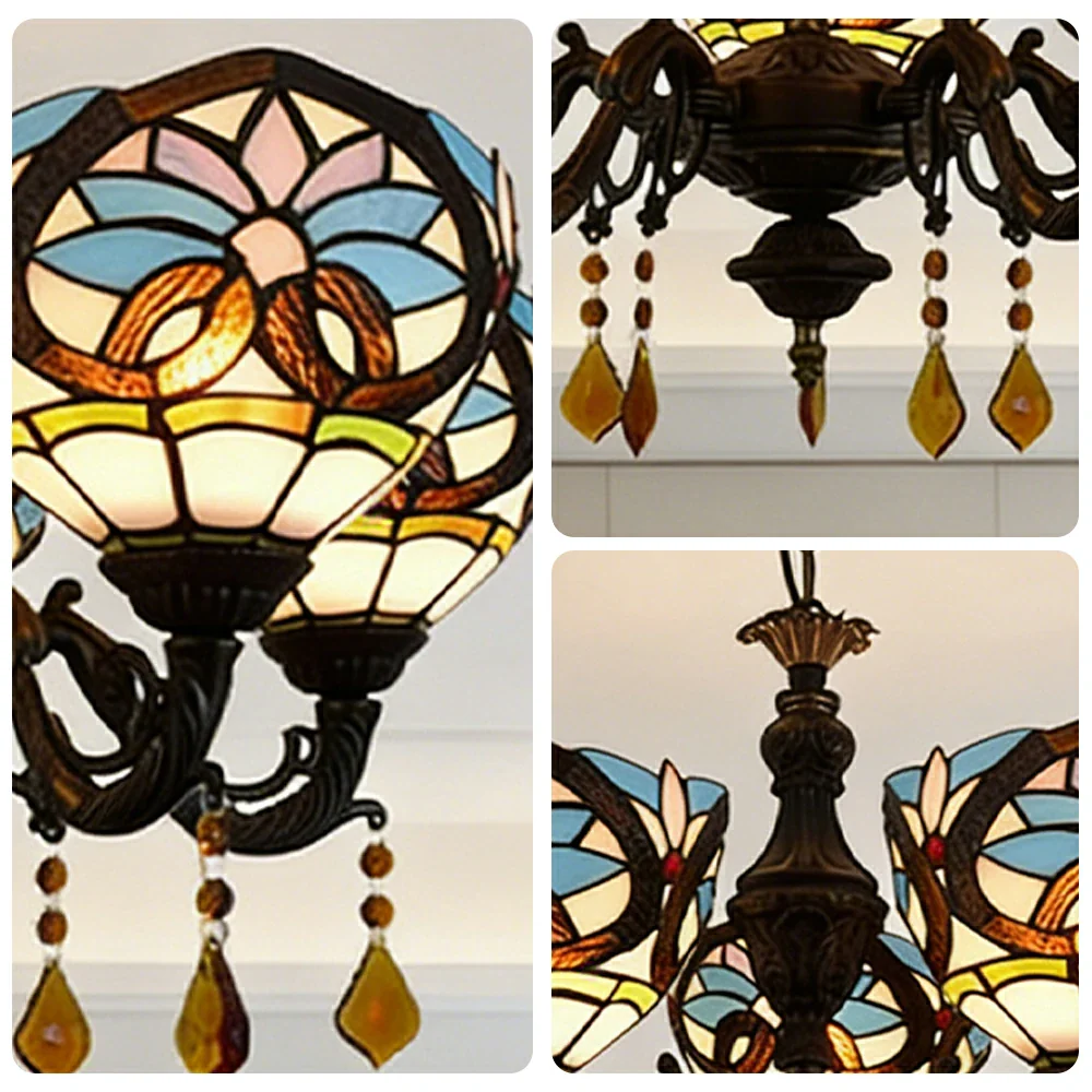 LIVARA 5-Light Stained Glass Chandelier Vintage Pendant Light Adjustable Chain 63x80cm Heart Pattern Design for Dining Living Room - Image 3