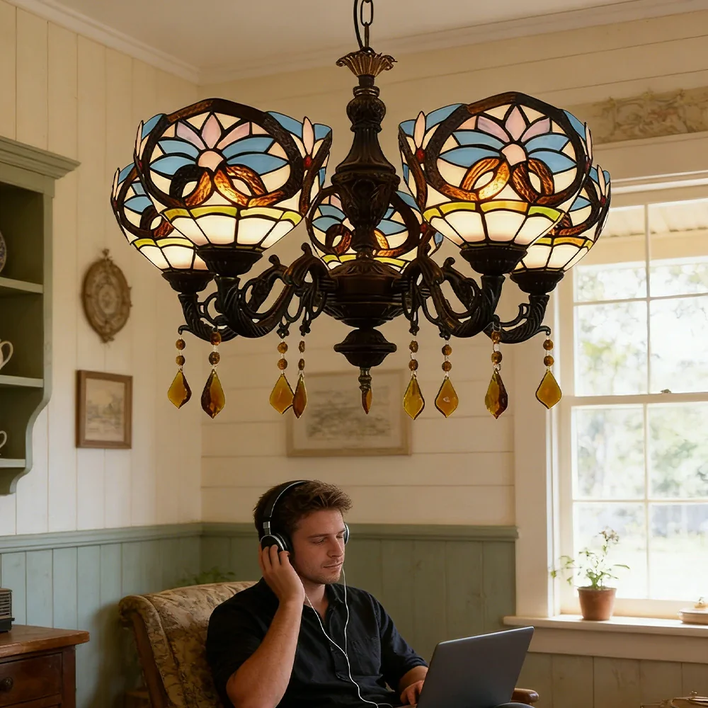LIVARA 5-Light Stained Glass Chandelier Vintage Pendant Light Adjustable Chain 63x80cm Heart Pattern Design for Dining Living Room - Image 5