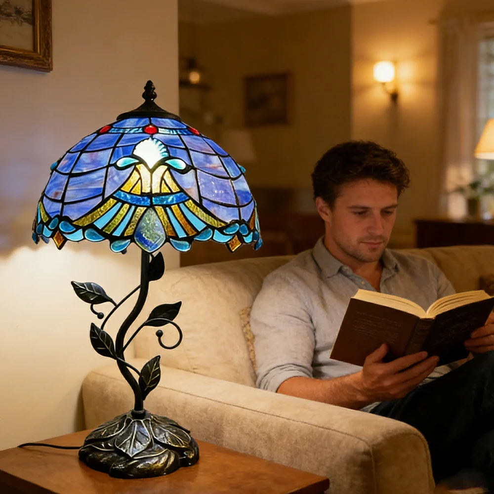 LIVARA Tiffany Stained Glass Table Lamp Pull Chain Switch 30x45cm for Bedroom Living Room Study - Blue - Image 5