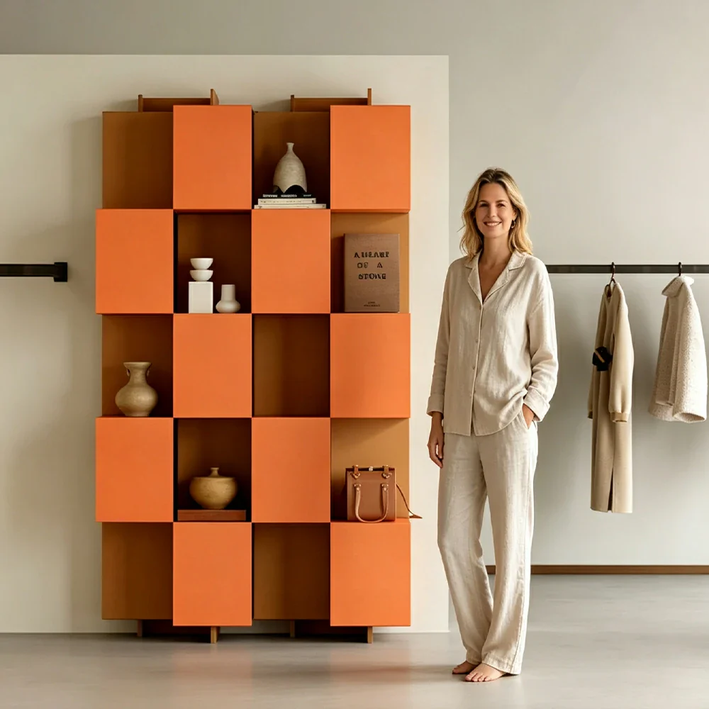 LIVARA Modular Storage Cabinet Square Grid Display Shelf Open Bookcase Organizer for Living Room Bedroom Office - Orange & Brown - Image 6