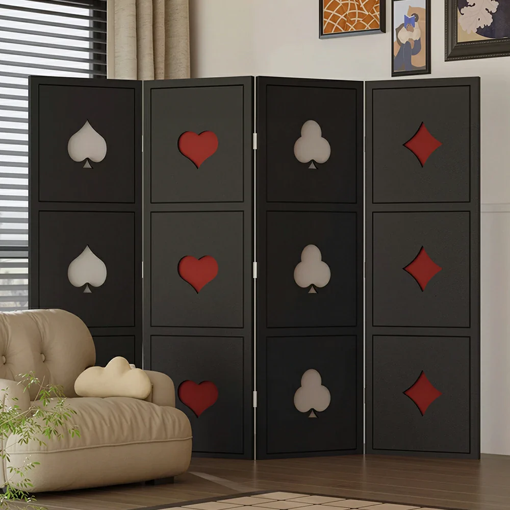 LIVARA 4 Panel Decorative Folding Screen Poker Pattern Design Room Divider Privacy Partition for Living Room Bedroom Office - Black - Image 2