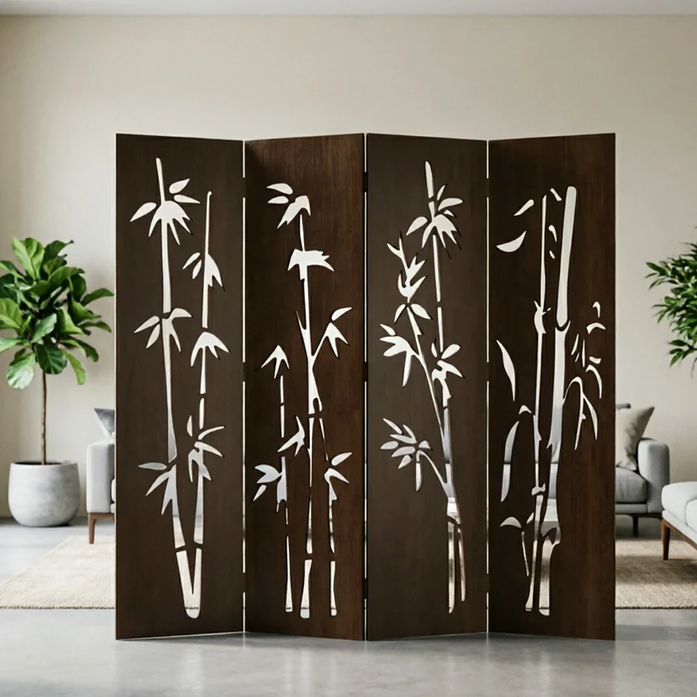 LIVARA 4 Panel Decorative Folding Screen Bamboo Cutout Design Room Divider Privacy Partition Oriental Style for Living Room Bedroom - Dark Brown - Image 2