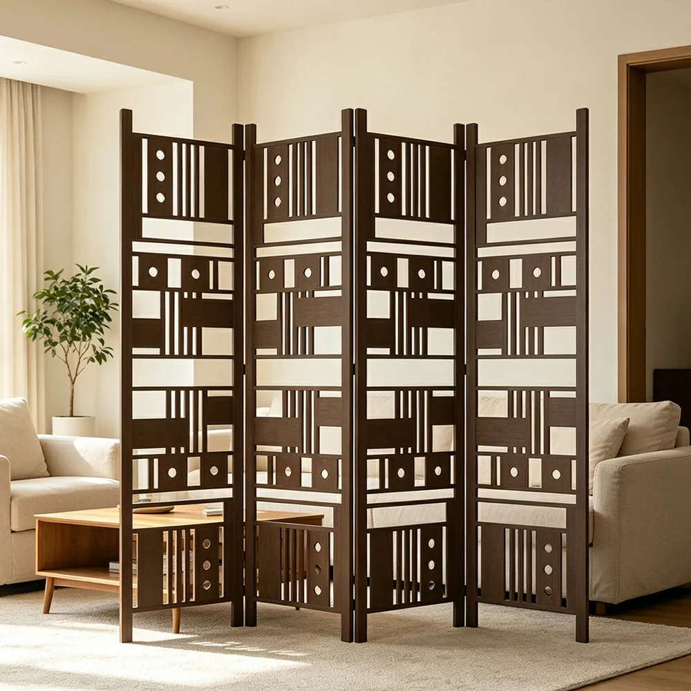 LIVARA 4 Panel Decorative Folding Screen Geometric Cutout Design Room Divider Privacy Partition Modern Art Style for Living Room Bedroom - Dark - Image 5