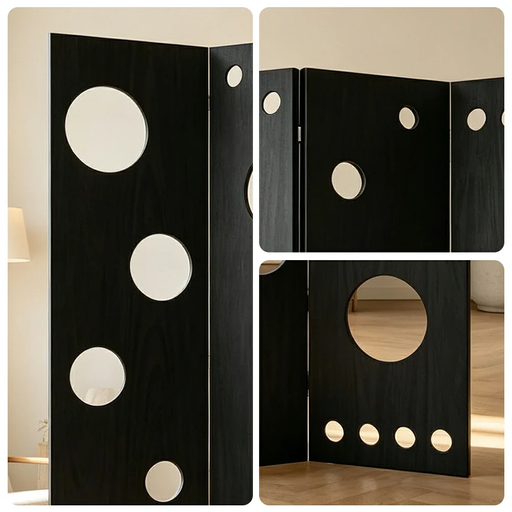 LIVARA 4 Panel Decorative Folding Screen Circle Cutout Design Room Divider Privacy Partition Modern Art Style for Living Room Bedroom - Black - Image 3