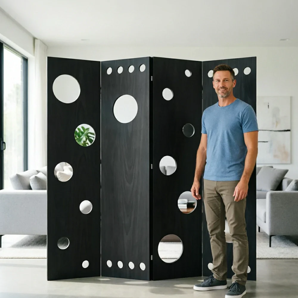 LIVARA 4 Panel Decorative Folding Screen Circle Cutout Design Room Divider Privacy Partition Modern Art Style for Living Room Bedroom - Black - Image 6