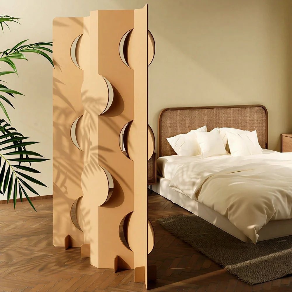 LIVARA Modular Corrugated Paper Folding Screen Geometric Circle Design Room Divider Decorative Partition Background Wall for Home Event - Beige - Image 5