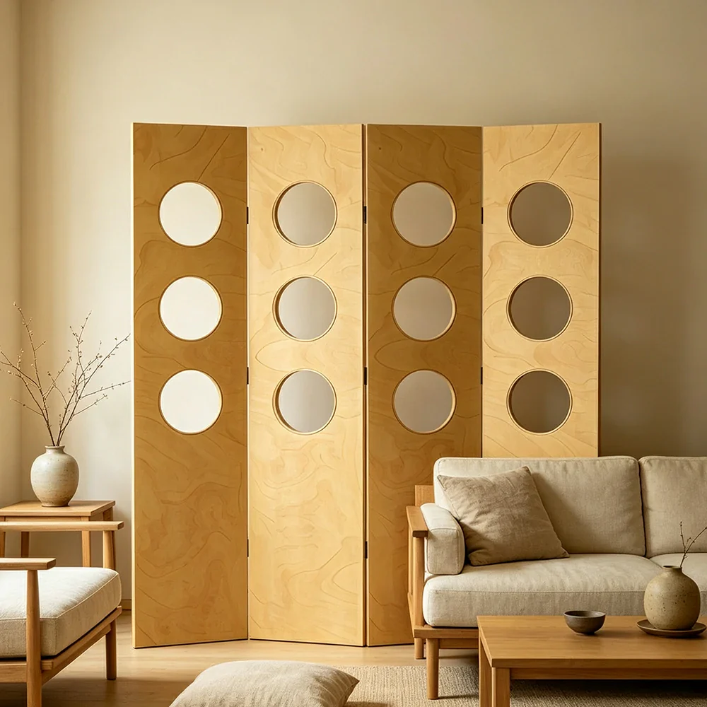 LIVARA 4 Panel Decorative Folding Screen Circle Cutout Design Room Divider Privacy Partition Modern Style for Living Room Bedroom - Wood - Image 2