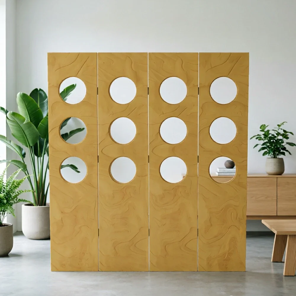 LIVARA 4 Panel Decorative Folding Screen Circle Cutout Design Room Divider Privacy Partition Modern Style for Living Room Bedroom - Wood - Image 5