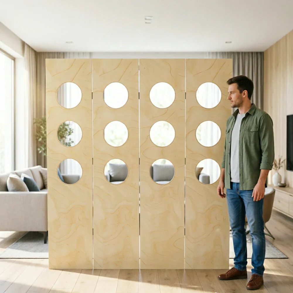 LIVARA 4 Panel Decorative Folding Screen Circle Cutout Design Room Divider Privacy Partition Modern Style for Living Room Bedroom - Off White - Image 6